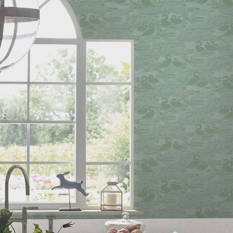 Laura Ashley Wallpaper Swans Jade Green