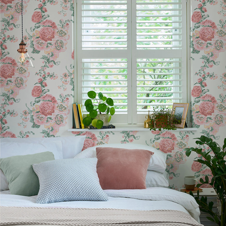 Laura Ashley Wallpaper Hollyhocks Coral Pink