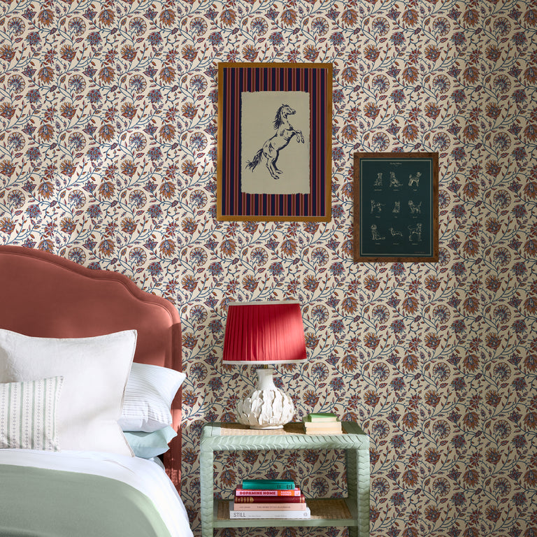 Joules Trailing Indienne Floral Wallpaper Blue & Orange – Bold Botanical Wallpaper for Feature Walls