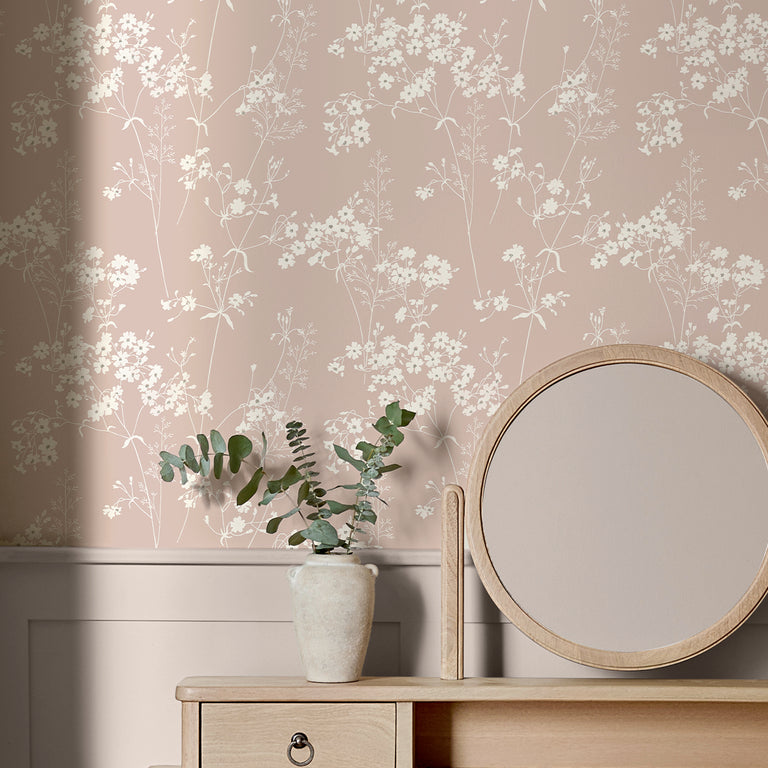 Next Country Leaves Floral Wallpaper Blush – Soft Pink Painterly Leaf Design, Elegant Paste the Wall Floral Wallpaper Roll