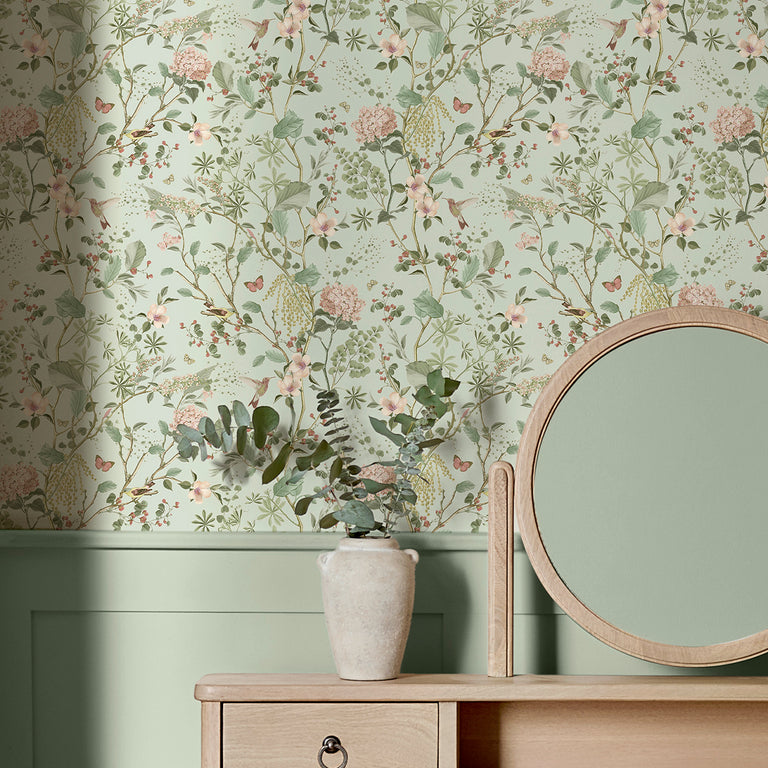 Next Reflection Floral Wallpaper Sage – Soft Green Botanical Floral Wallpaper with Pastel Flowers, 52cm x 10m Roll