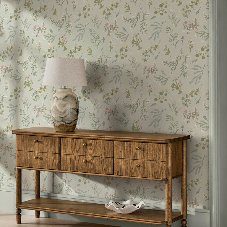 Next Stitch Floral Wallpaper Soft Sage – Delicate Botanical Floral Wallpaper, Textured Effect, Easy Hang Non-Woven Roll