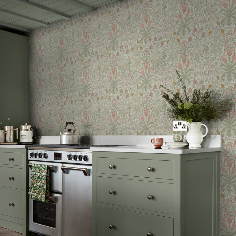 William Morris Woodland Weeds Floral Wallpaper Peony & Sage – Vintage Botanical Design, Soft Green & Pink, Paste the Wall
