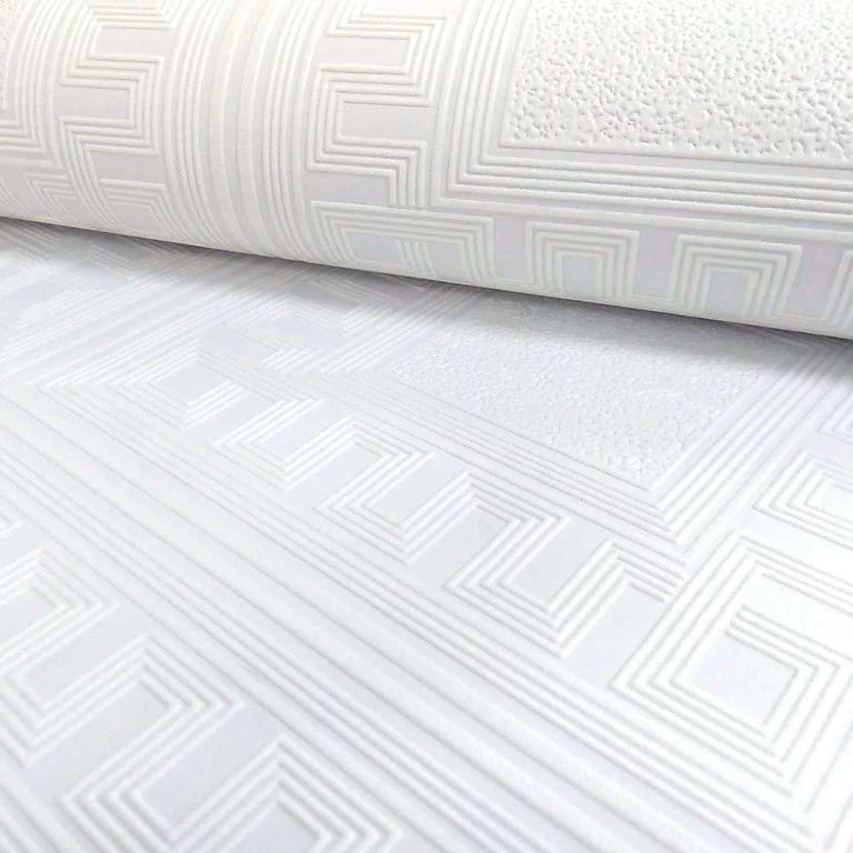 Belgravia Richmond Blown Vinyl Geometric Wallpaper White – Textured Heavyweight Wall Covering for Modern Interiors