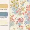 Transform your space with a charming ochre wallpaper adorned with daisies, cornflowers, and penstemons.