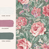 Elevate your space with Wild Roses, a Fern Green wallpaper adorned with sprays of roses, magnolias, and fuchsias.
