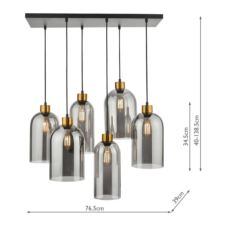 Alma 6 Light Bar Pendant Matt Black - Smoke Glass Ceiling Lamp
