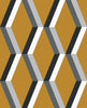 Bold geometric wallpaper with a mustard yellow backdrop – Graham & Brown Cirque Sunshine.

