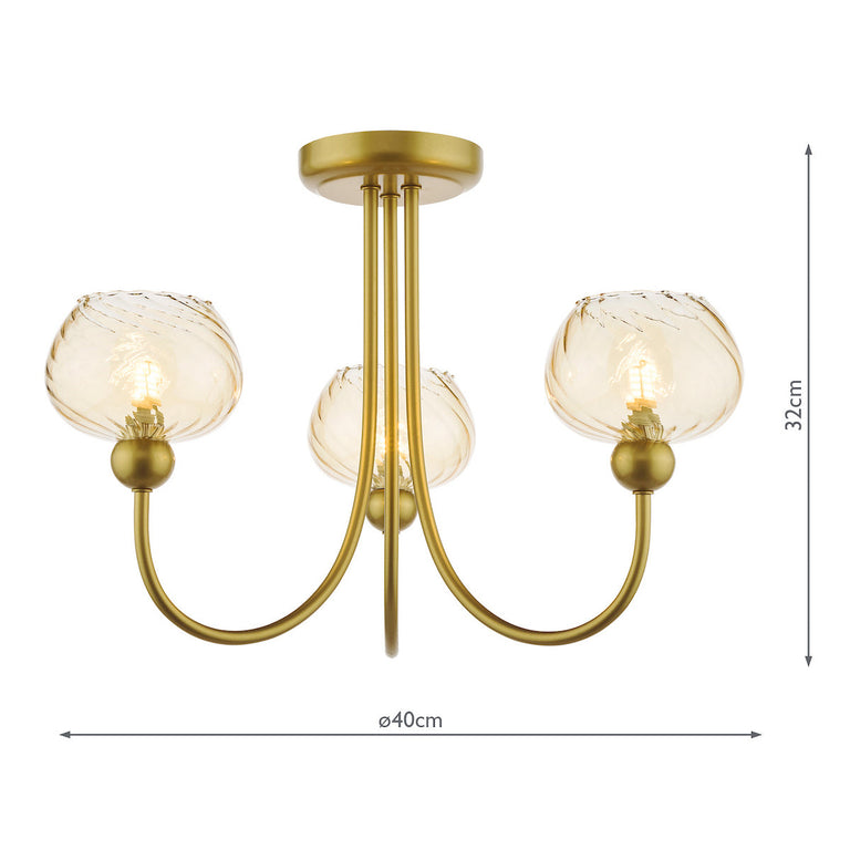 Cognac 3 Light Semi-Flush Satin Gold/Twisted Amber - Hanging Light
