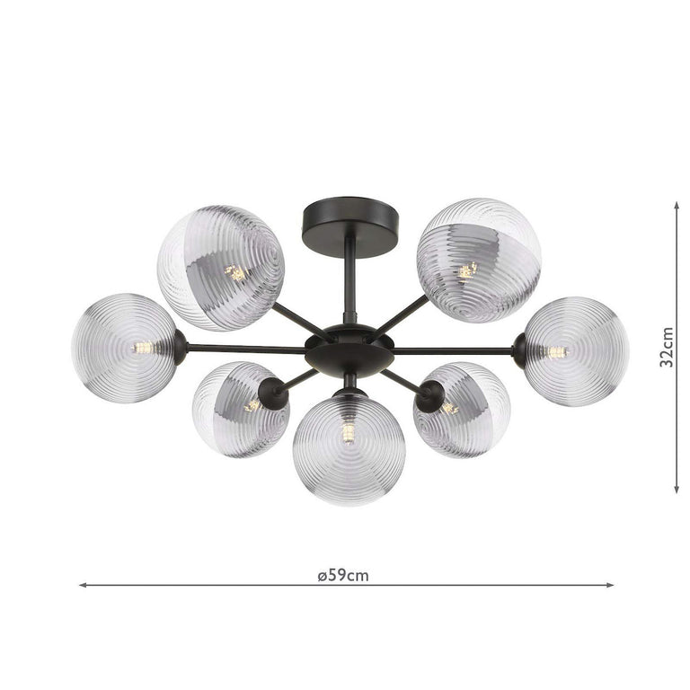 Cohen 7 Light Pendant Black With Smoke/Clear Ribbed Glass - Lighting