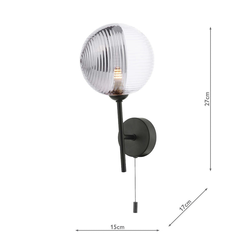 Cohen Wall Light Black With Smoked/Clear Ribbed Glass