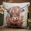 Rustic Highland Cow cushion with piped edges
