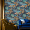 Edo Toile Navy wallpaper featuring intricate floral patterns and gold accents.
