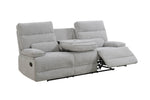 Eloise 3 Seater Sofa Recliner Grey picture with dropped down tray and reclined seat on the white background