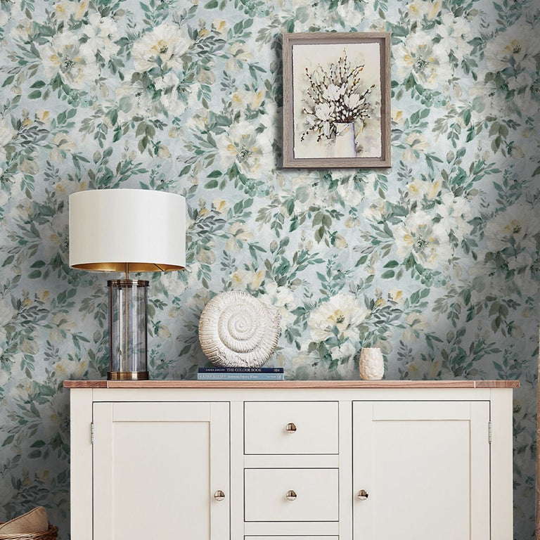 Laura Ashley Elowen Peony Wallpaper Pale Teal - Elegant Pale Teal Design