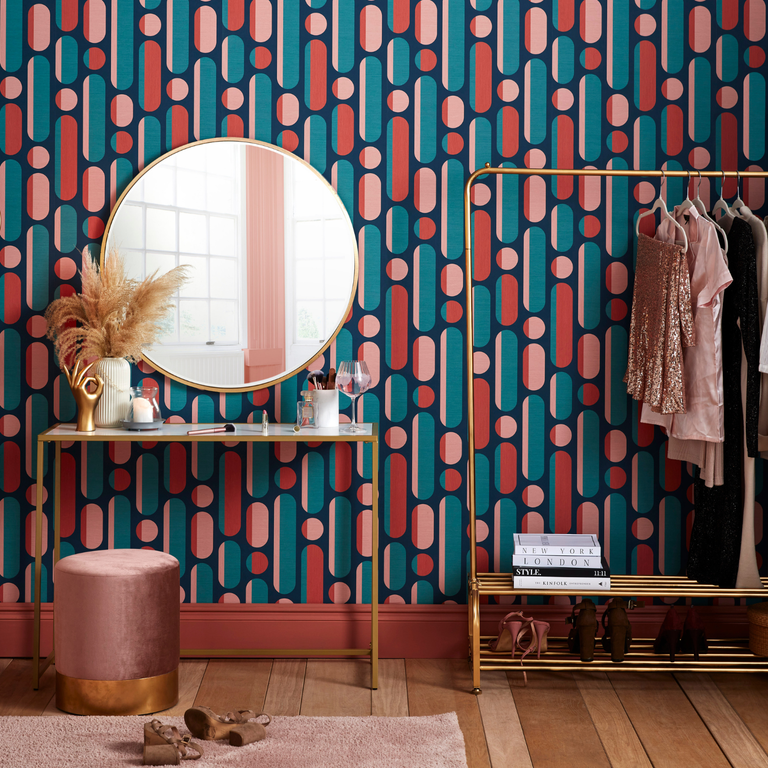 Envy Morse Wallpaper Coral & Navy - Geometric Modern Wall Covering
