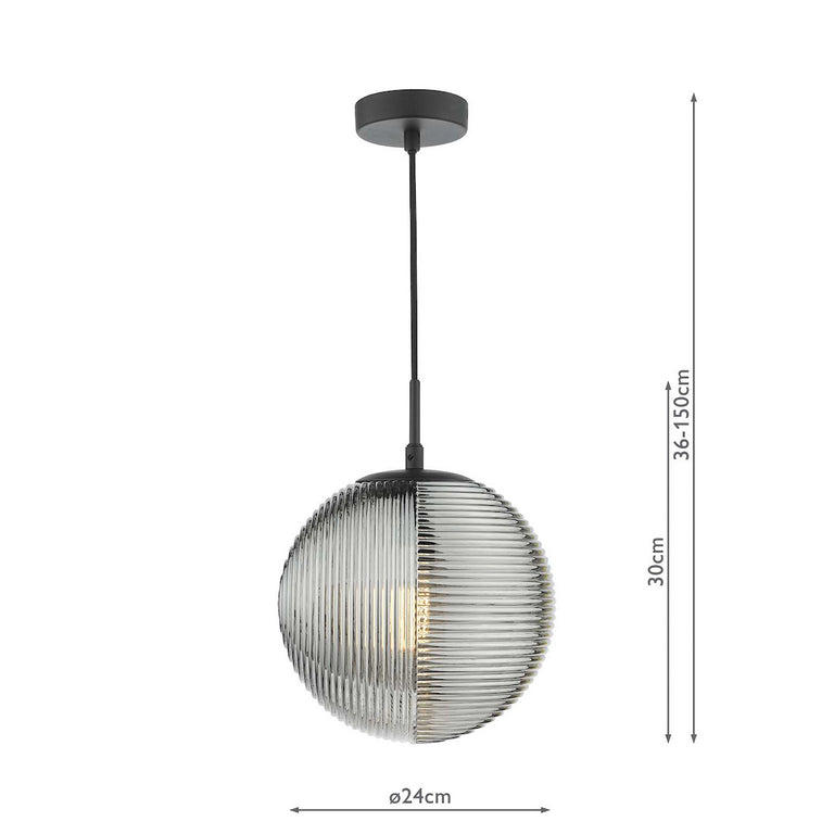 Evander Single Pendant Matt Black - Ribbed Glass Ceiling Light