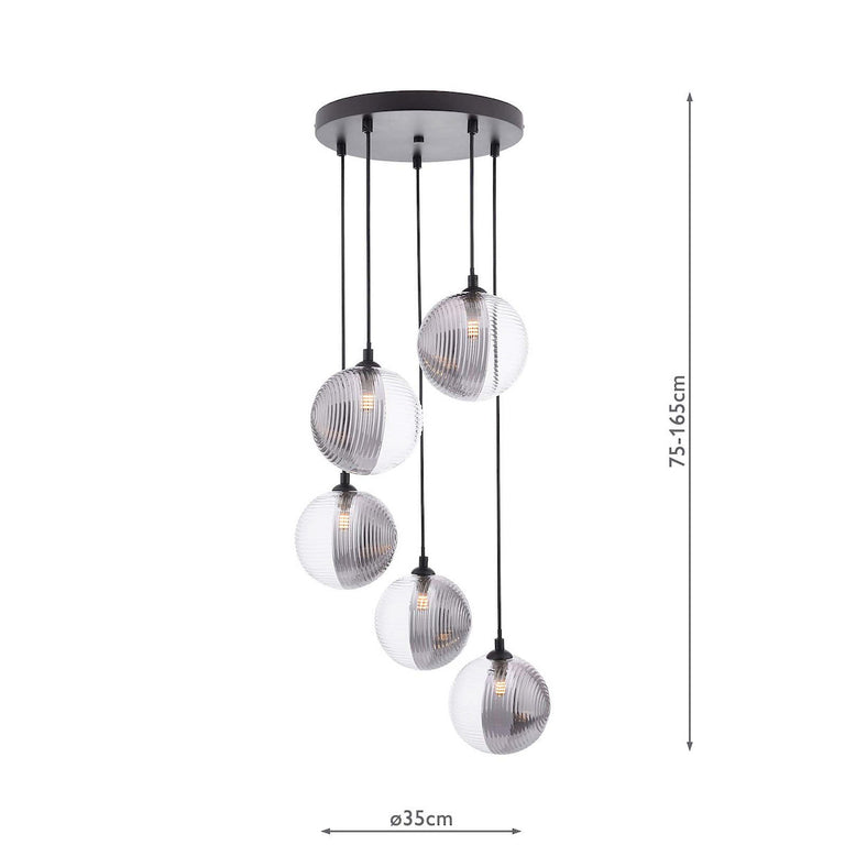 Federico 5 Light Cluster Pendant Black/Smoked & Clear Ribbed Glass