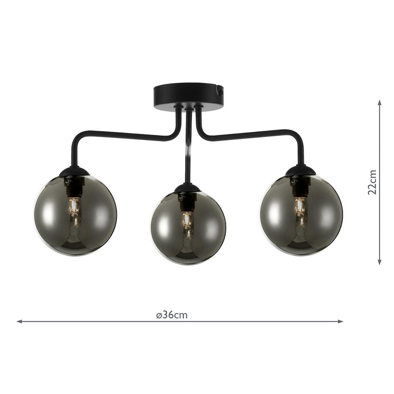 Feya 3 Light Semi Flush Black/Smoked Glass - Modern Lighting Collection