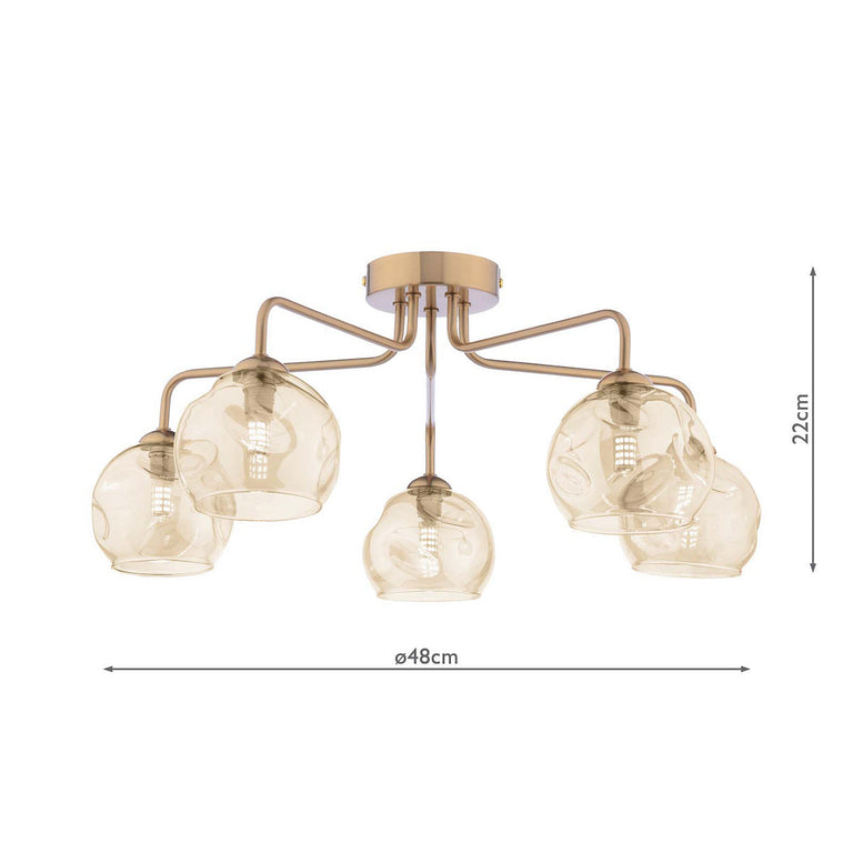 Feya 5 Light Semi Flush Antique Bronze With Organic Amber Glass