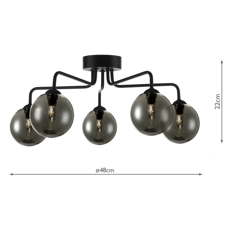 Feya 5 Light Semi Flush Black/Smoked Glass - Feya Ceiling Lighting