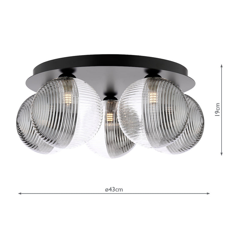 Foley 5 Light Flush Black & Smoked/Clear - Flush Ceiling Light