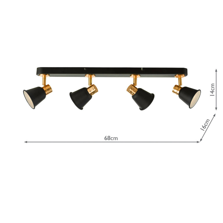 Fry 4 Light Bar Semi Flush Spotlight Black & Rose Gold - Stylish Ceiling Lighting
