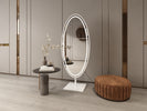 "Stylish Oval LED Mirror Enhancing Living Room Ambiance"
