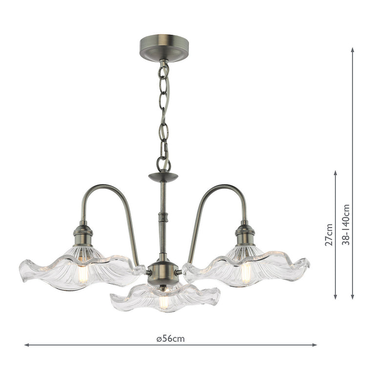 Hadano 3 Light Pendant Antique Chrome & Wavy Glass - Home Lighting