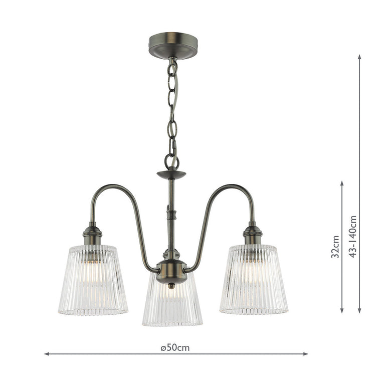 Hadano 3 Light Pendant Antique Chrome & Ribbed Glass - Ceiling Hanging Light