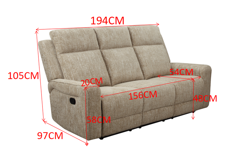 Harper 3 Seater Sofa Recliner Beige - Manual Recliner Living Collection