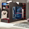 Space-saving bunk bed with bold black and red color scheme.