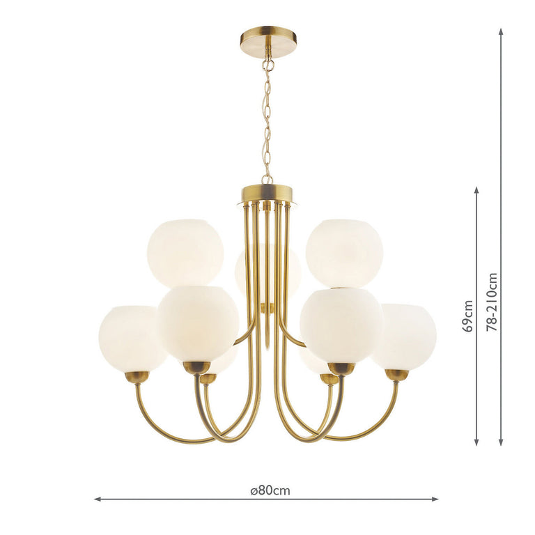 Indra 9 Light Pendant Light Natural Brass Ceiling Mount with Opal Glass Shades, Adjustable Hanging Chandelier