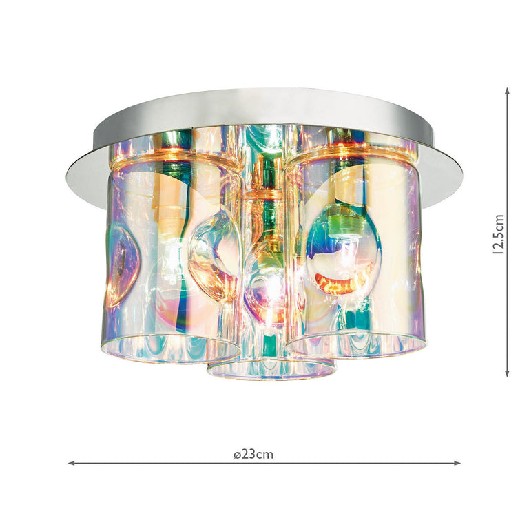Inter 3 Light Flush Polished Chrome Ceiling Mount with Iridised Glass Shades for Modern Home Décor
