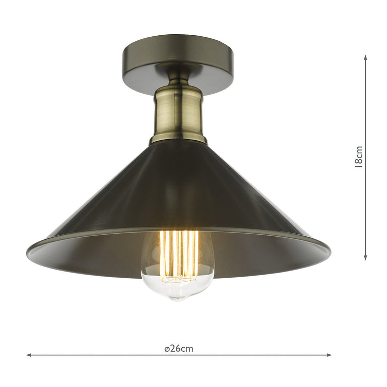 Jalen Flush Light Ceiling Mount with Graphite Metal Shade & Antique Brass Finish – Industrial Lighting Collection