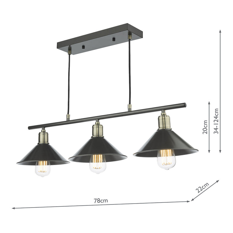 Jalen 3 Light Bar Pendant Light in Graphite & Antique Brass – Industrial Ceiling Mount Pendant with Adjustable Height
