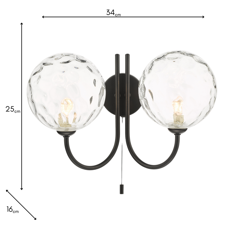Jared 2 Light Wall Light Black/Clear Dimpled Glass - Wall Lamp Lighting