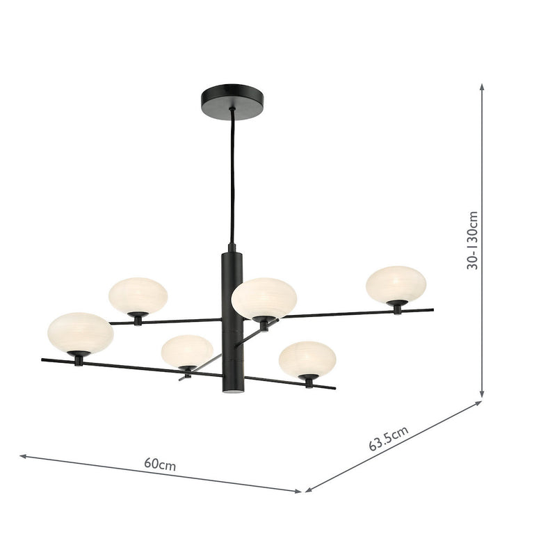 Jasper 6 Light Pendant Matt Black with Opal Glass Shades – Adjustable Ceiling Pendant Hanging Light for Home Décor
