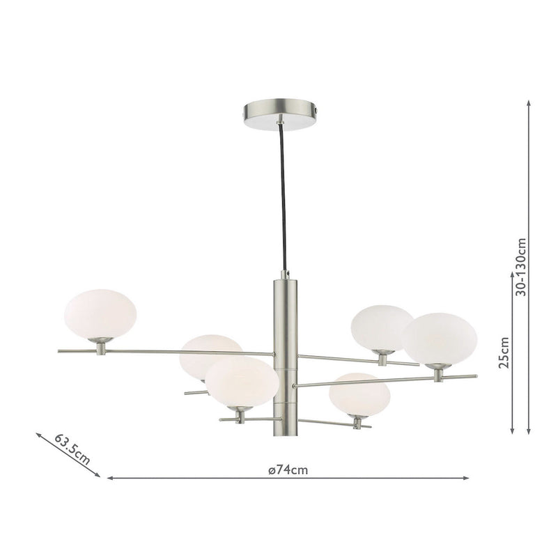 Jasper 6 Light Pendant Satin Nickel Ceiling Light with Opal Glass Shades, Adjustable Hanging Fixture