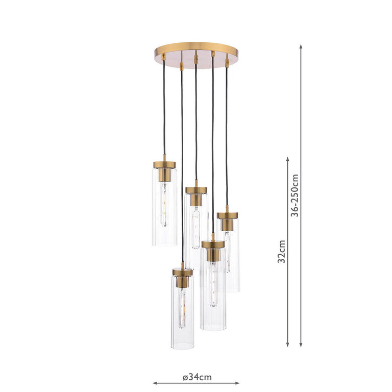 Jodelle 5 Light Cluster Pendant Polished Bronze and Glass Ceiling Light with Clear Ribbed Glass Shades Adjustable Hanging Pendant
