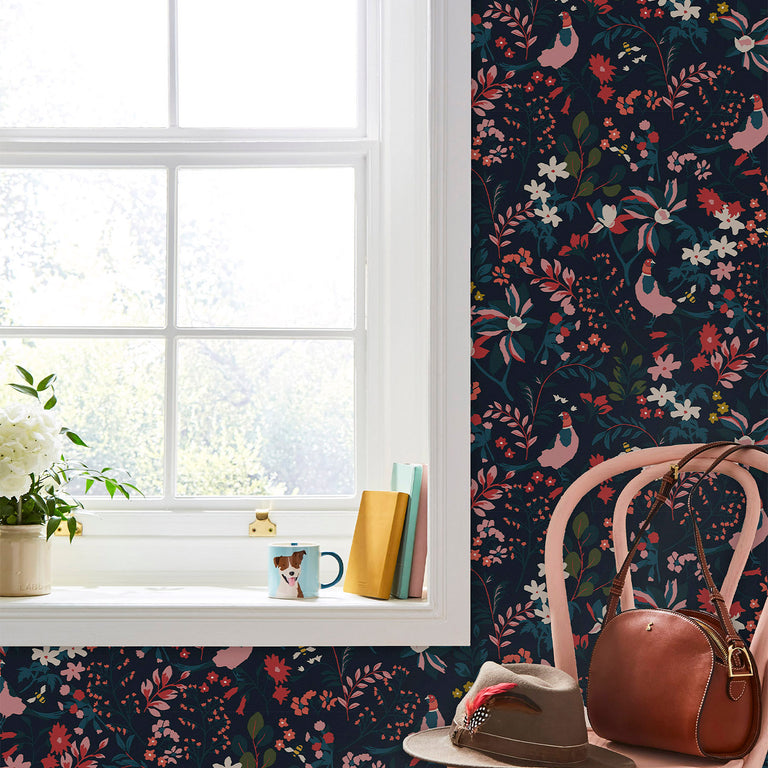 Joules Fields Edge Floral Wallpaper French Navy - Collection of Home Decor Design