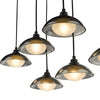 Kadience 6 Light Bar Pendant Satin Black and Smoked Glass close view picture of the white globes under the shallow shades