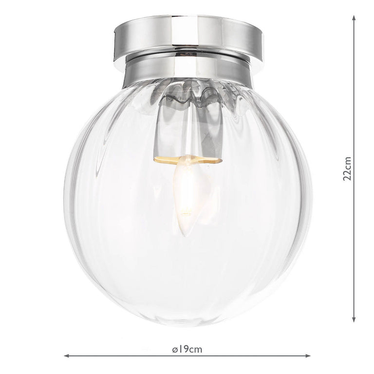 Kavi Bathroom Flush Ceiling Light, Polished Chrome Glass Shade, IP44 Rated Ceiling Mount Light