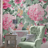 Laura Ashley Aveline Rose mural featuring pink and green floral design.