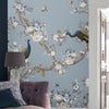 Serene and sophisticated wall mural with ornate peacocks in seaspray.