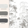 Decorative wall mural with large scale tree motifs in monochromatic tones.