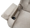 Linda Lift & Rise Massage Chair Light Tan close view picture of the hinged arm with hidden storage and cup holder