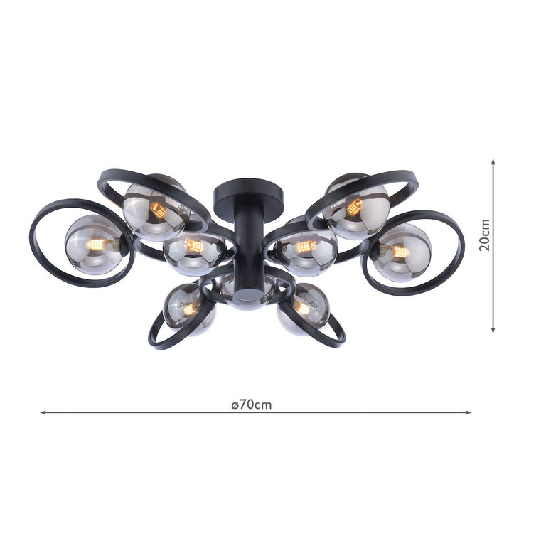Lynette 9 Light Semi-Flush Satin Black/Smoked Glass - Modern Lighting