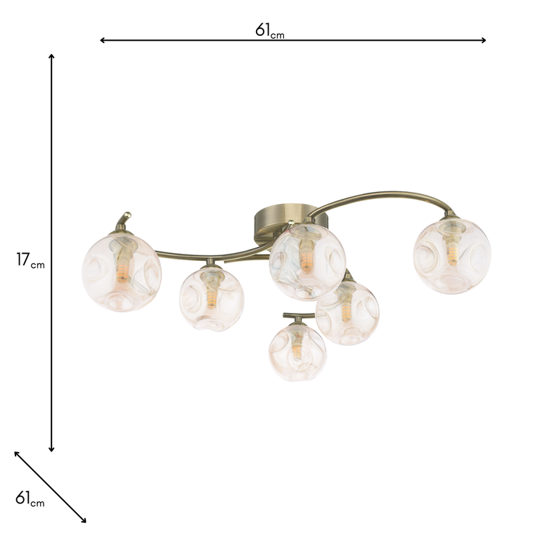 Nakita 6 Light Semi Flush Antique Brass & Amber Glass - Stylish Lighting