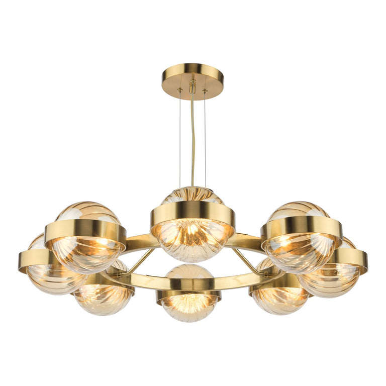 Ophira 8 Light Pendant Antique Ribbed Glass Designer Ceiling Lighting Fixture Gold & Amber